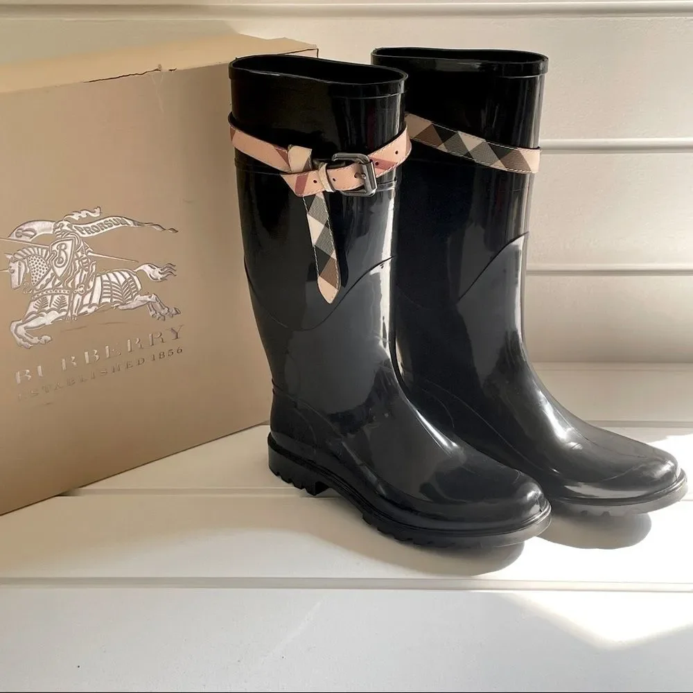 Burberry Kenyon Nova Check Belt Rain Snow Black Rubber Rain Boots Size 38/8 - Picture 4 of 14